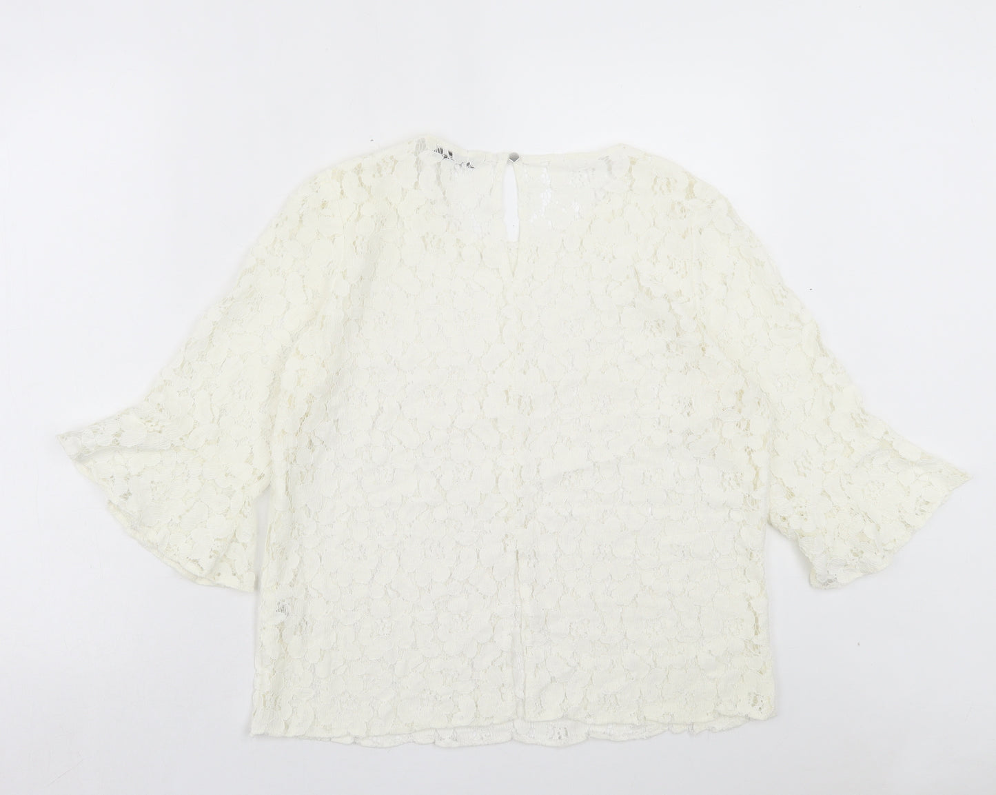 George Womens Ivory Floral Cotton Basic Blouse Size 14 Crew Neck