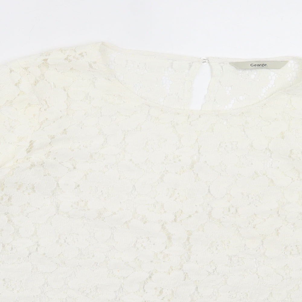 George Womens Ivory Floral Cotton Basic Blouse Size 14 Crew Neck