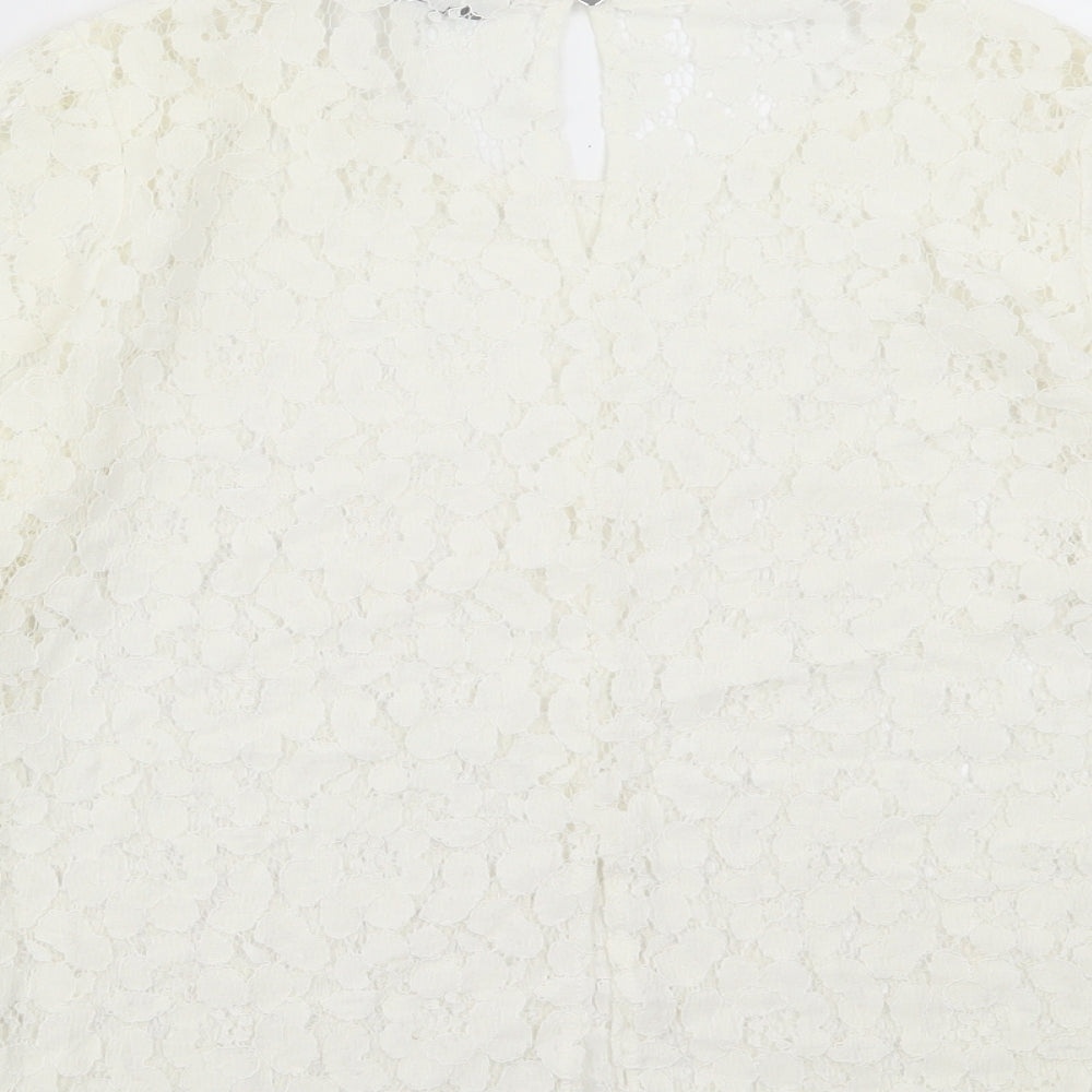 George Womens Ivory Floral Cotton Basic Blouse Size 14 Crew Neck