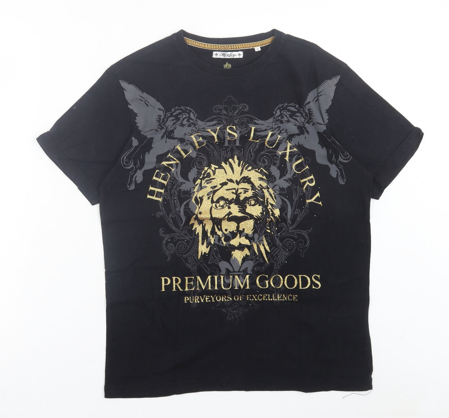 Henleys Womens Black Cotton Basic T-Shirt Size M Crew Neck - Lion