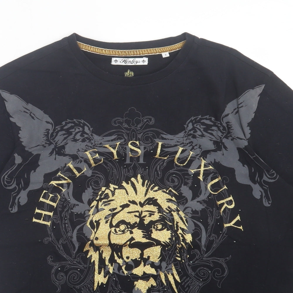 Henleys Womens Black Cotton Basic T-Shirt Size M Crew Neck - Lion
