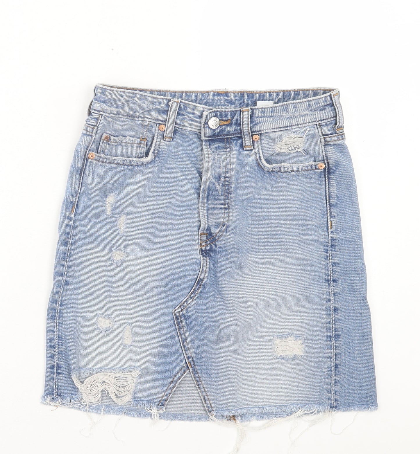 H&M Womens Blue Cotton A-Line Skirt Size 8 Button - Distressed