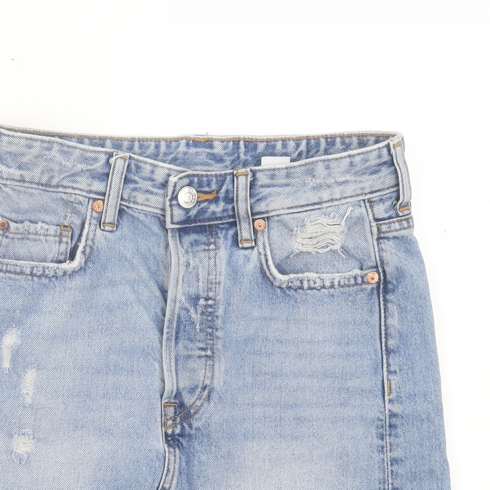 H&M Womens Blue Cotton A-Line Skirt Size 8 Button - Distressed