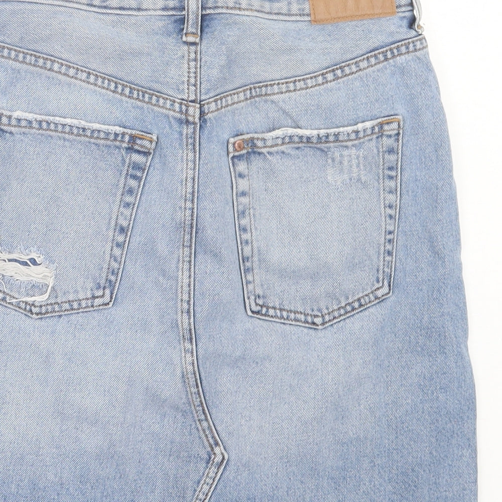 H&M Womens Blue Cotton A-Line Skirt Size 8 Button - Distressed