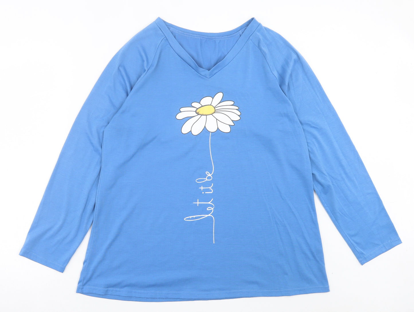 SheIn Womens Blue Floral Polyester Basic T-Shirt Size L V-Neck - Let It Be