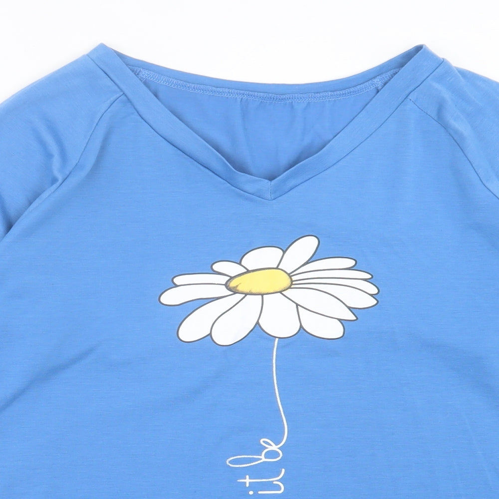 SheIn Womens Blue Floral Polyester Basic T-Shirt Size L V-Neck - Let It Be