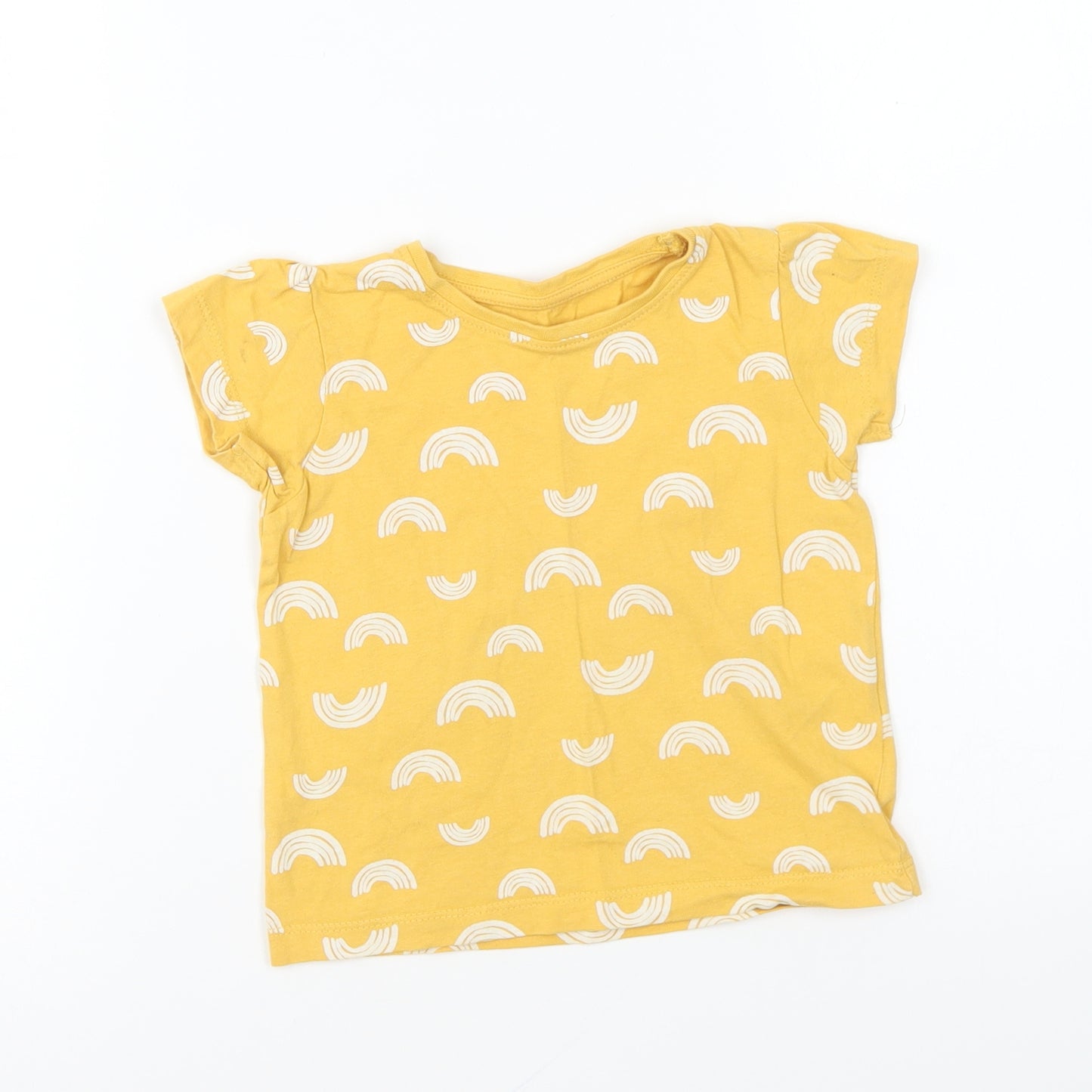 Primark Girls Yellow Geometric Cotton Basic T-Shirt Size 2-3 Years Round Neck Pullover - Rainbow