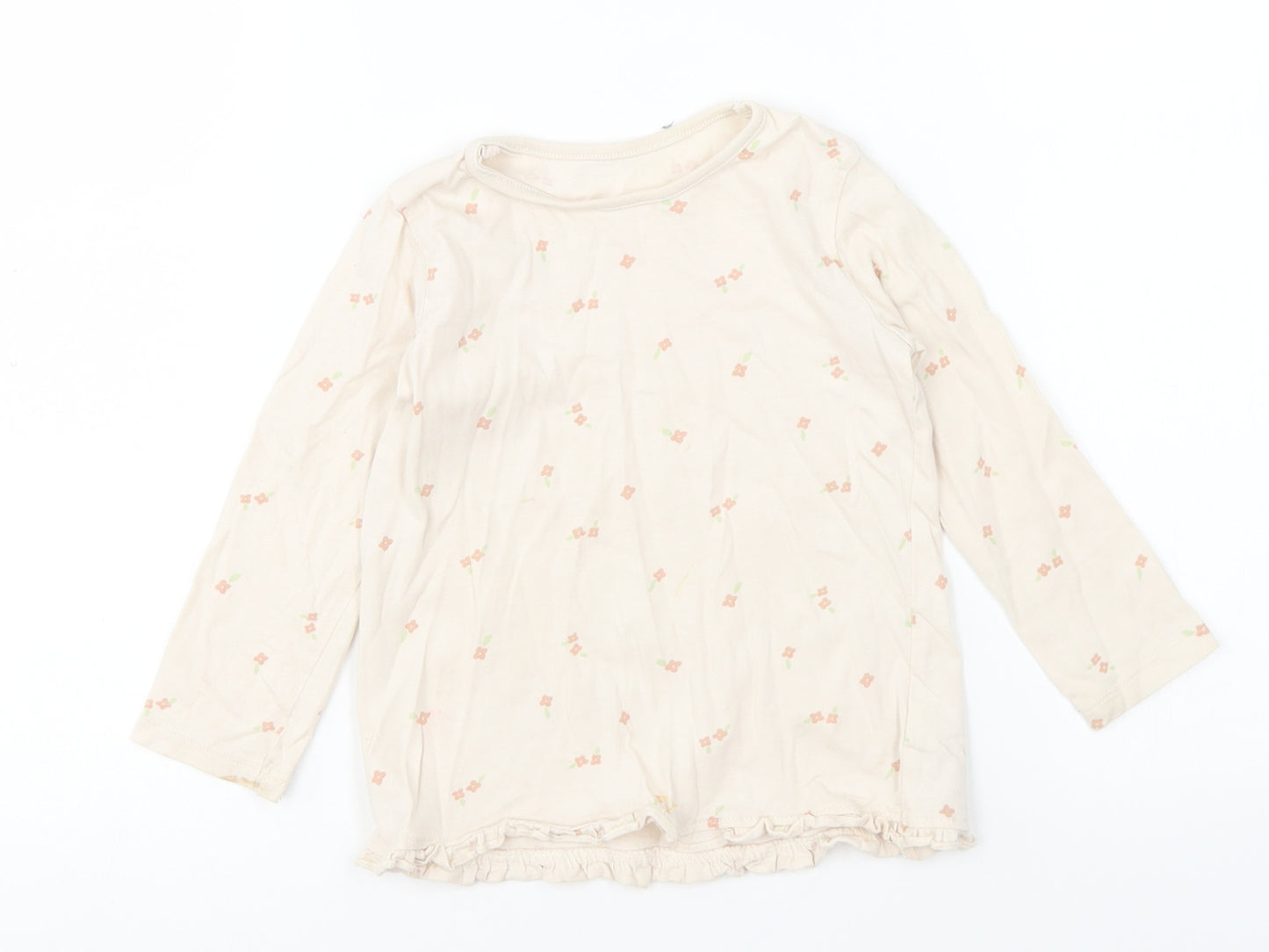 George Girls Beige Floral Cotton Basic T-Shirt Size 18-24 Months Round Neck Pullover