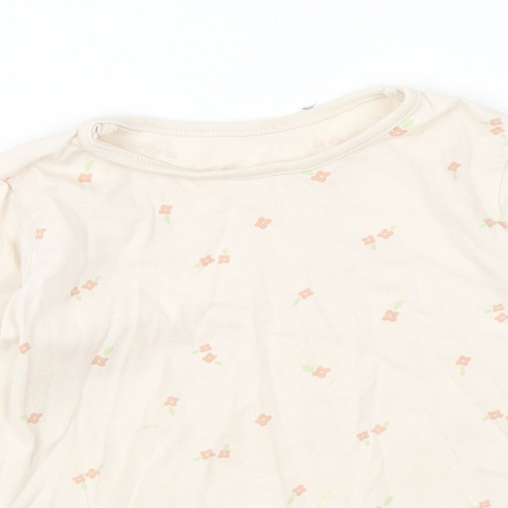 George Girls Beige Floral Cotton Basic T-Shirt Size 18-24 Months Round Neck Pullover