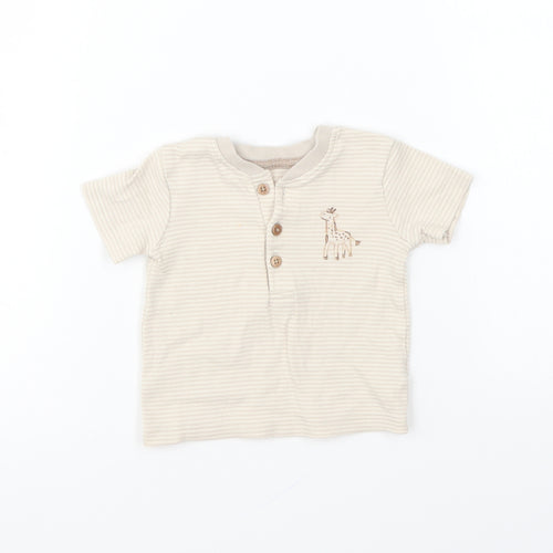 George Baby Beige Striped Cotton Basic T-Shirt Size 3-6 Months V-Neck Button - Giraffe