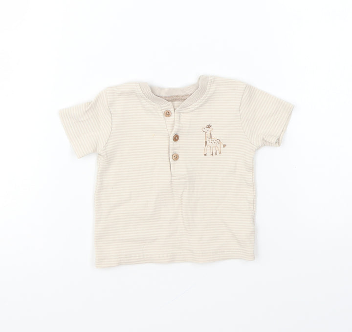 George Baby Beige Striped Cotton Basic T-Shirt Size 3-6 Months V-Neck Button - Giraffe