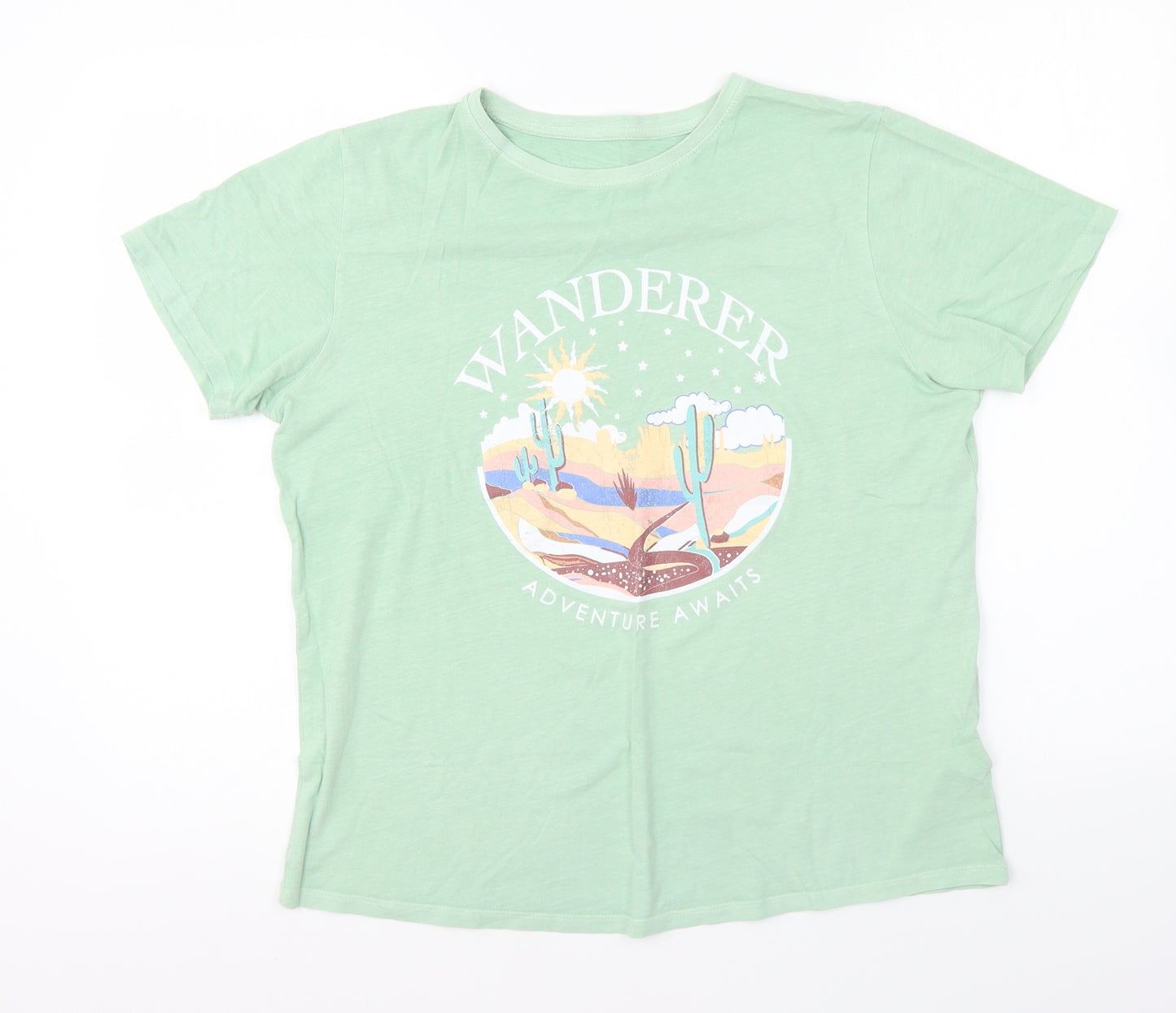 NJ Womens Green Cotton Basic T-Shirt Size 14 Round Neck - Wanderer