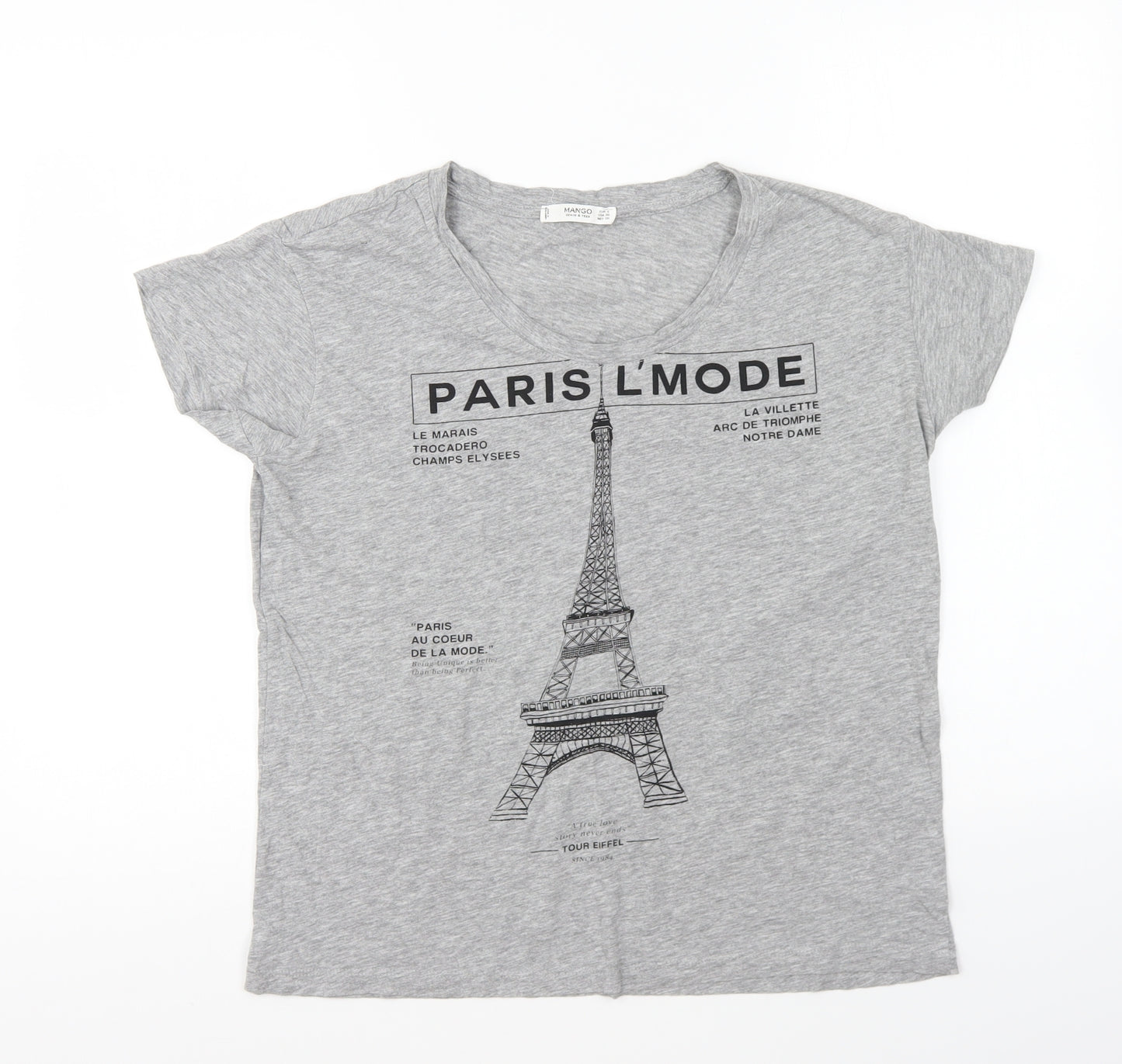 Mango Womens Grey Cotton Basic T-Shirt Size S Round Neck - Paris L'Mode