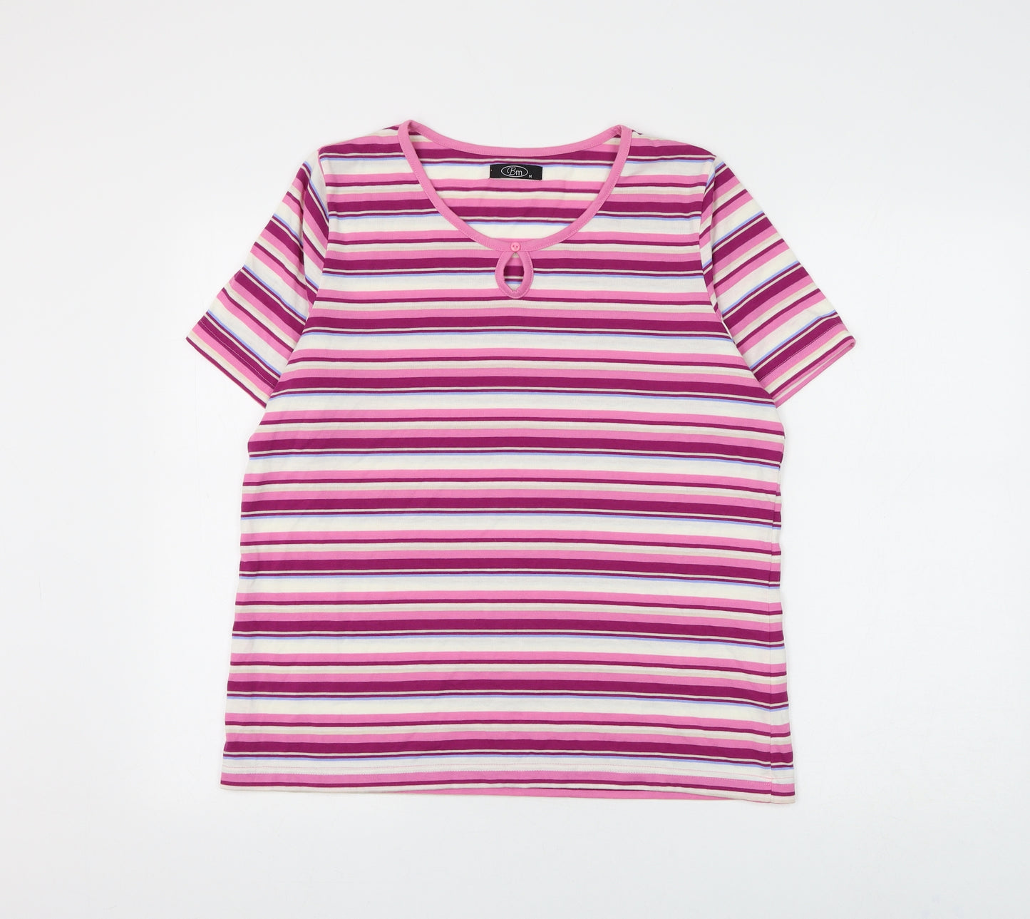 Bonmarché Womens Pink Striped Polyester Basic T-Shirt Size M Round Neck