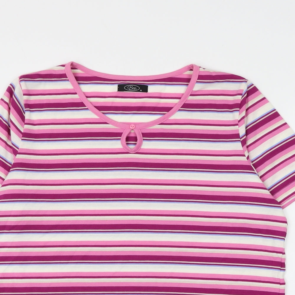 Bonmarché Womens Pink Striped Polyester Basic T-Shirt Size M Round Neck