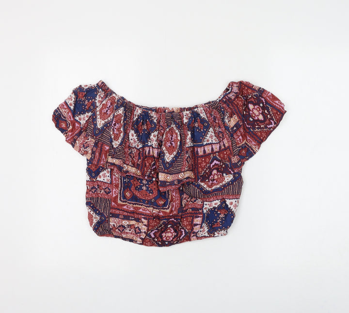 Hollister Womens Red Geometric Viscose Cropped Blouse Size M Off the Shoulder