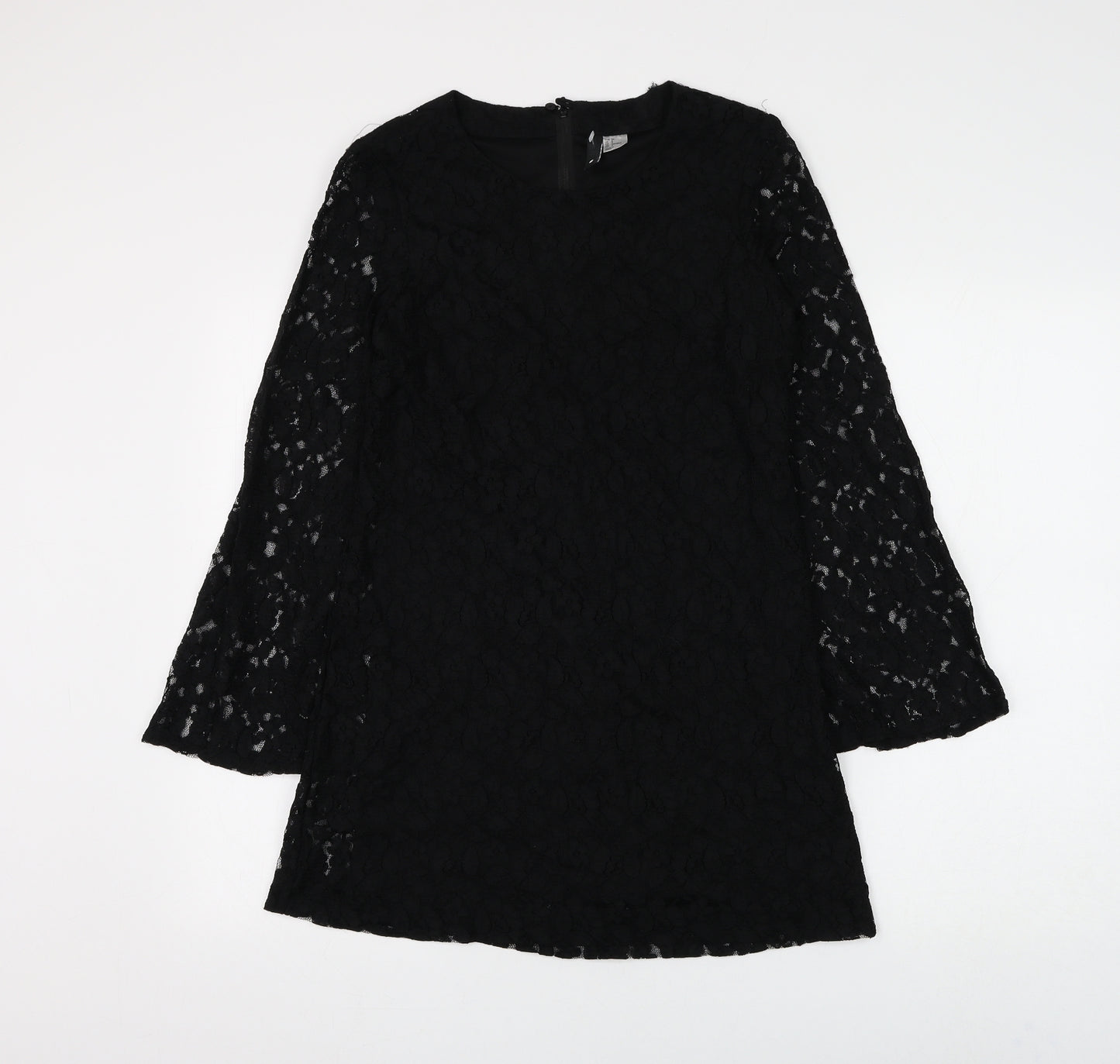 H&M Womens Black Floral Polyester Shift Size 8 Round Neck Zip
