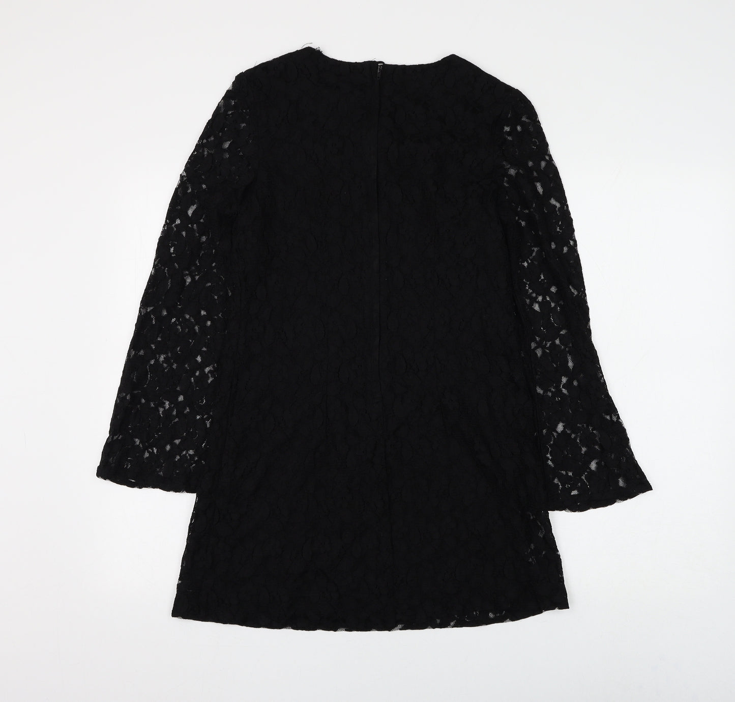 H&M Womens Black Floral Polyester Shift Size 8 Round Neck Zip