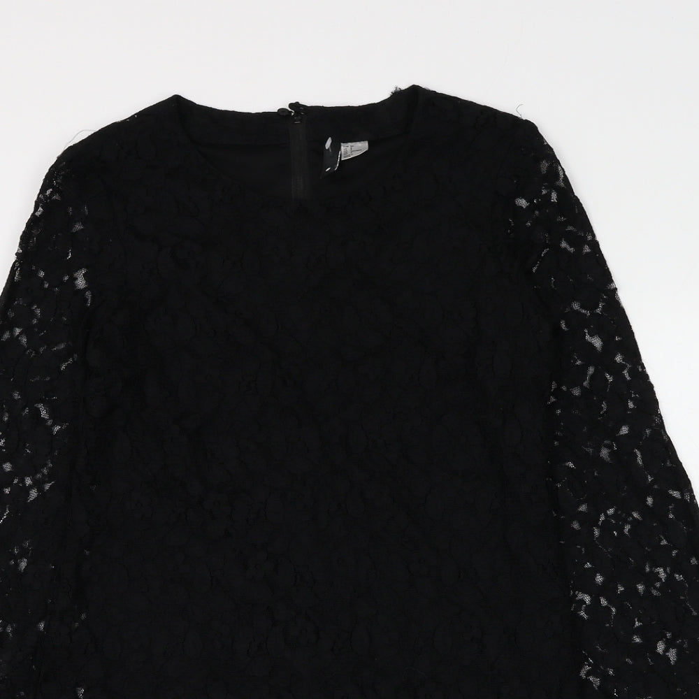 H&M Womens Black Floral Polyester Shift Size 8 Round Neck Zip