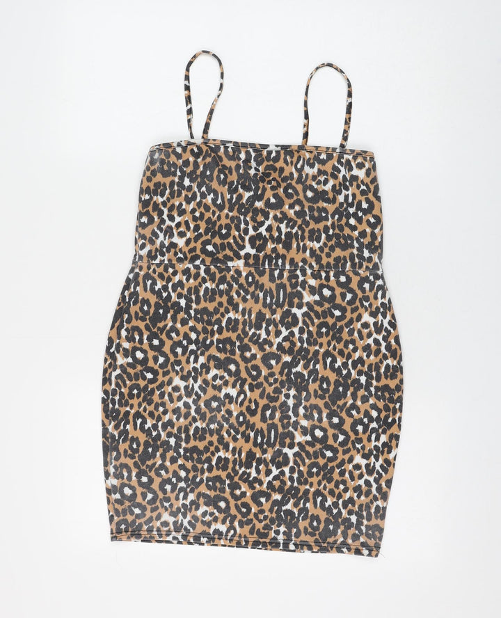 Daisy Street Womens Brown Animal Print Polyester Mini Size 14 Square Neck Pullover