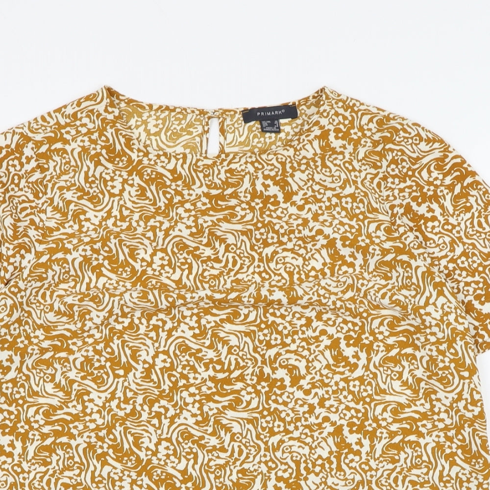 Primark Womens Yellow Geometric Polyester Basic Blouse Size 12 Round Neck
