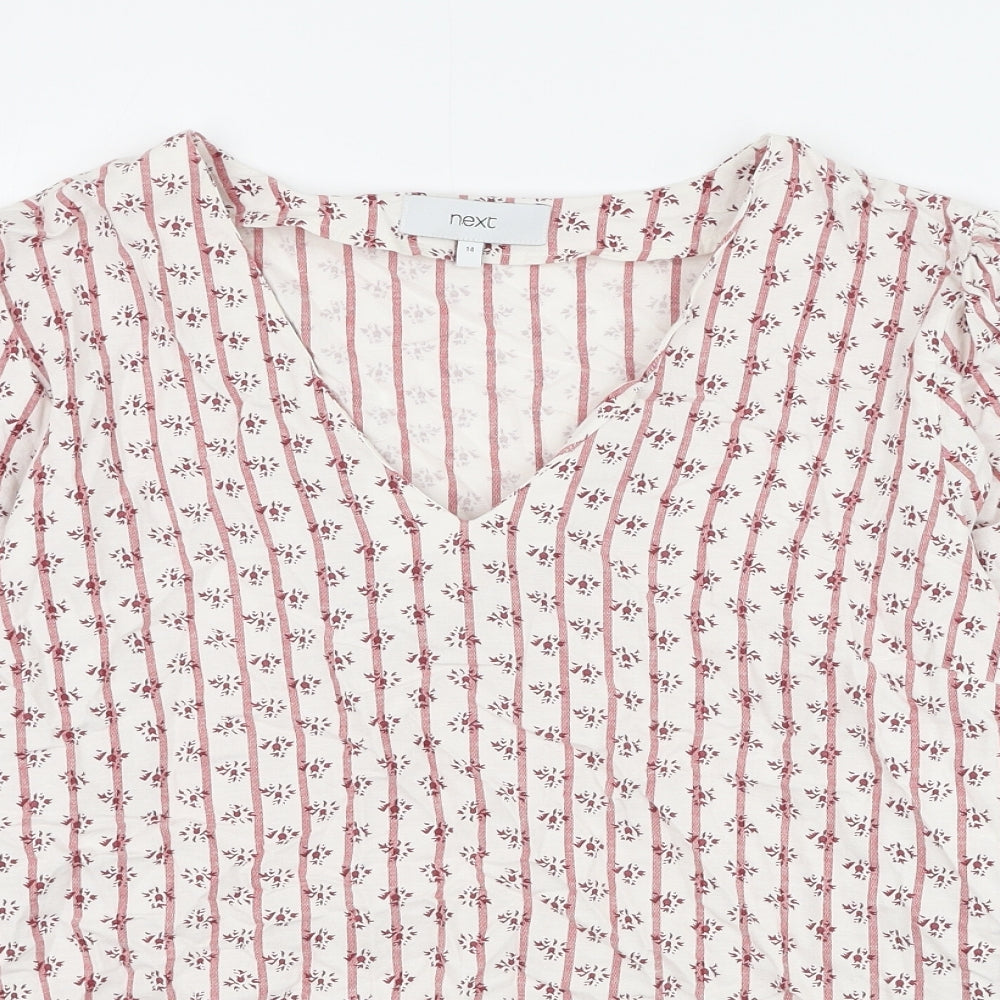 NEXT Womens White Striped Viscose Basic Blouse Size 14 V-Neck - Flower
