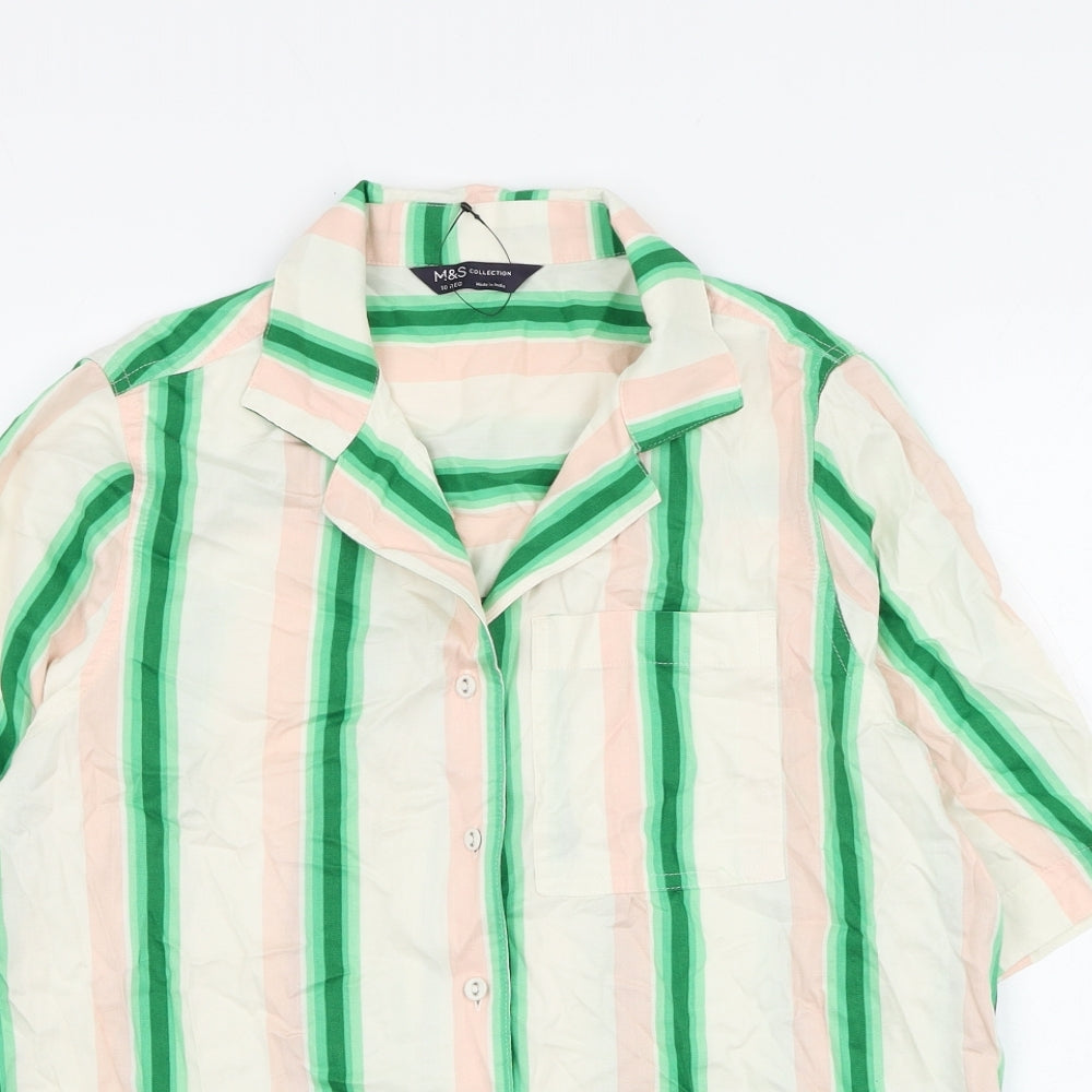 Marks and Spencer Womens White Striped Cotton Basic Button-Up Size 10 Collared