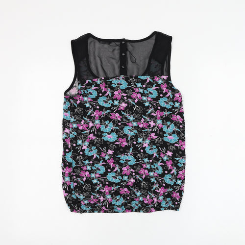 M&Co Womens Black Floral Viscose Basic Blouse Size 8 Scoop Neck