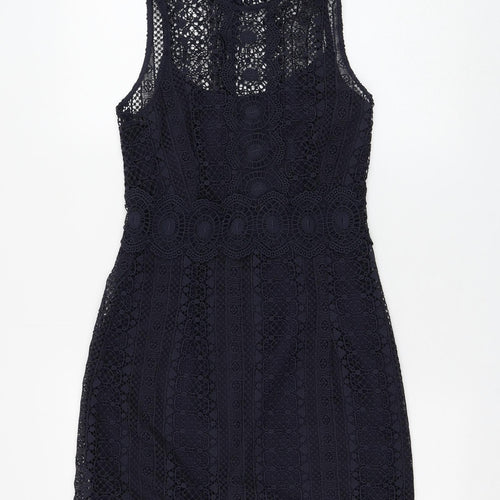 H&M Womens Blue Geometric Polyester Shift Size 10 Round Neck Button