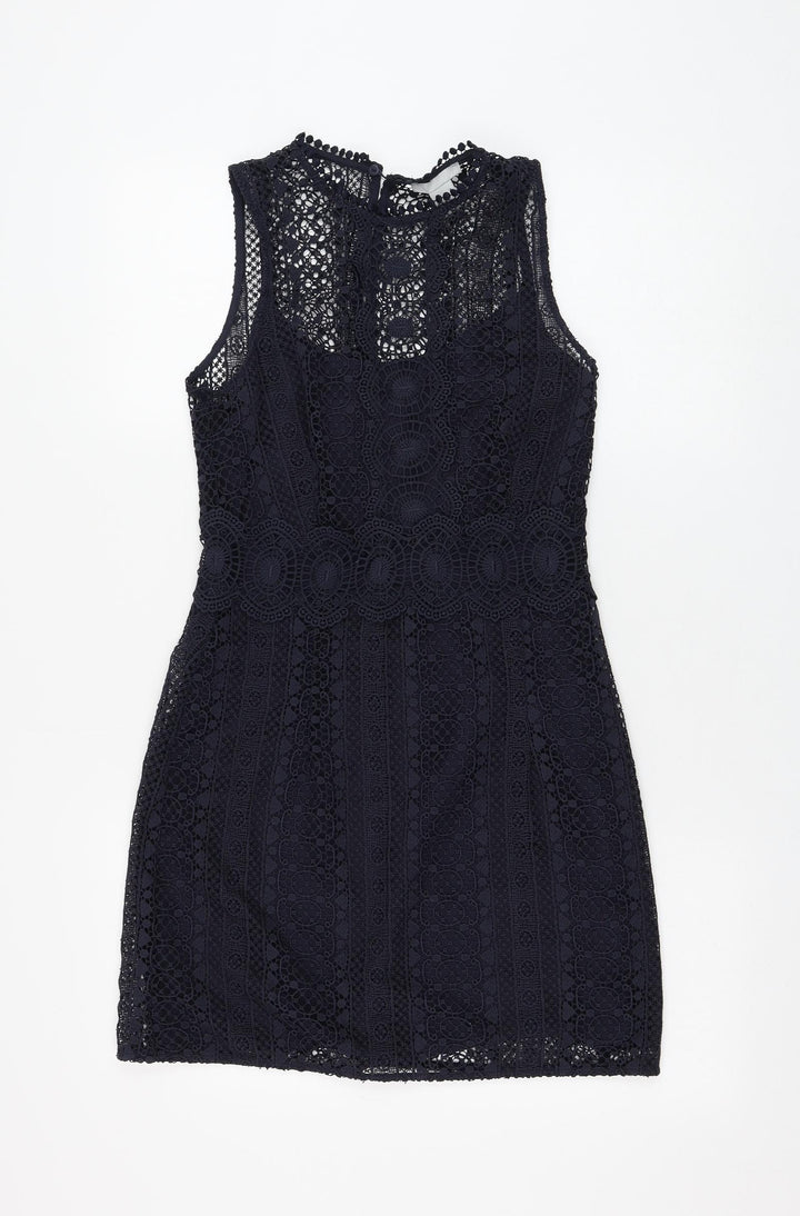 H&M Womens Blue Geometric Polyester Shift Size 10 Round Neck Button