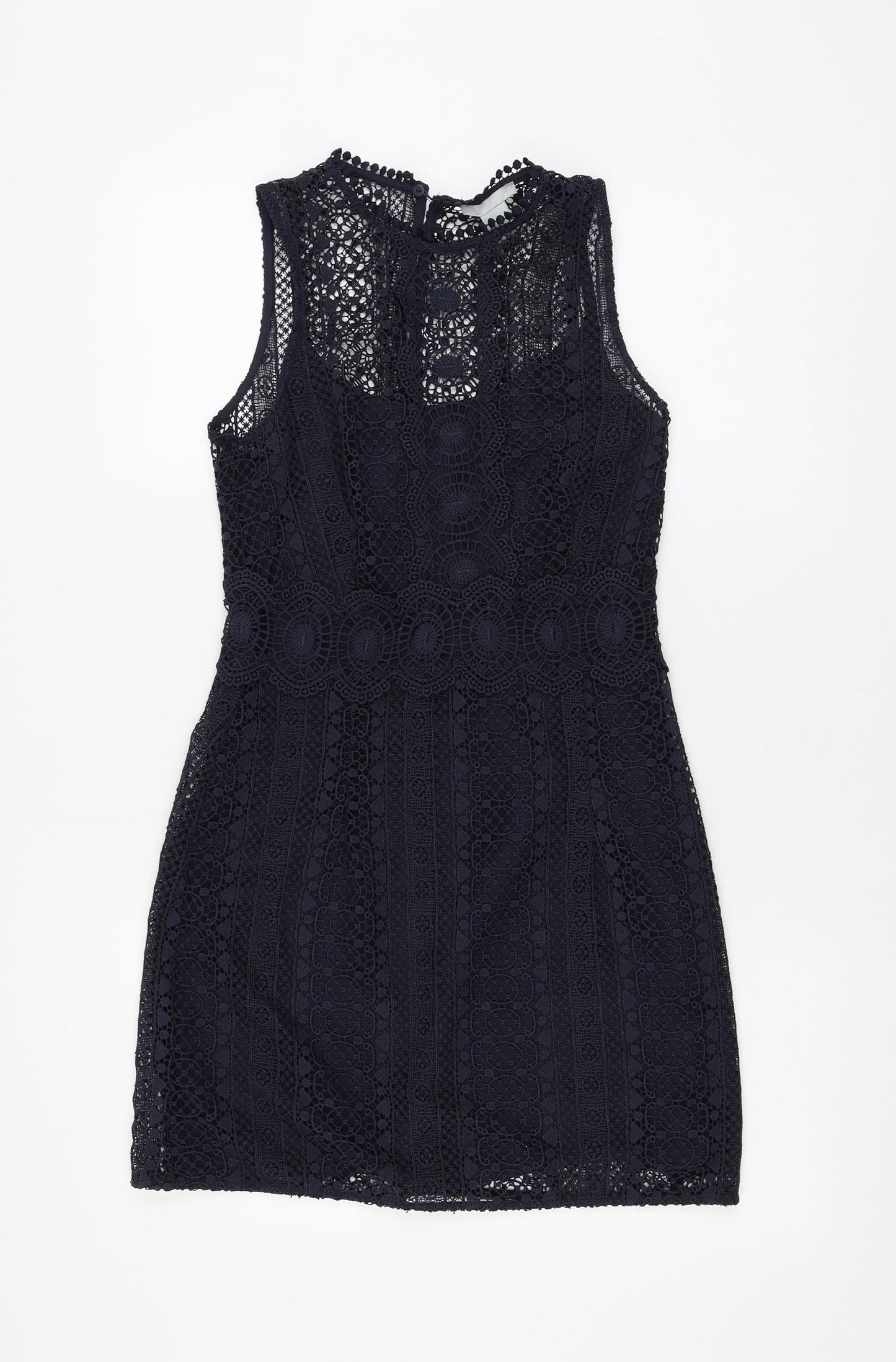 H&M Womens Blue Geometric Polyester Shift Size 10 Round Neck Button