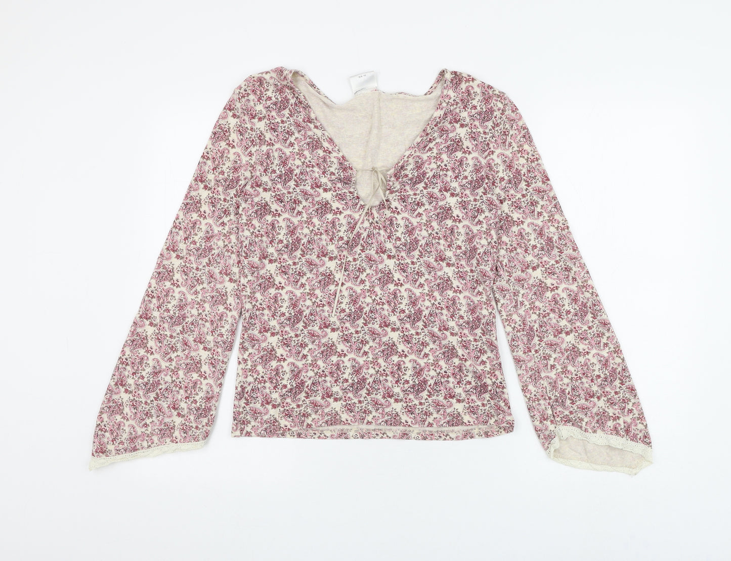 NEXT Womens Beige Floral Viscose Basic Blouse Size 12 V-Neck