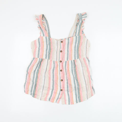 Nutmeg Womens Multicoloured Striped Linen Basic Blouse Size 10 Square Neck