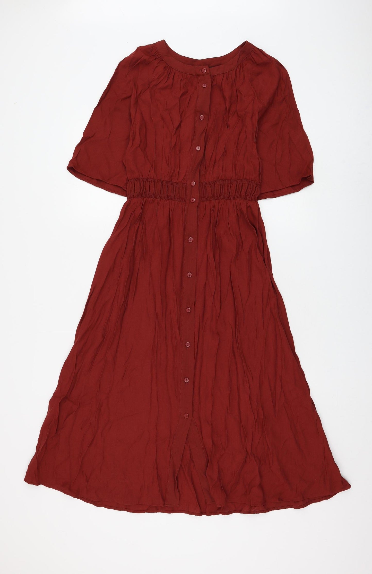 Zara Womens Red Viscose Shirt Dress Size S Round Neck Button