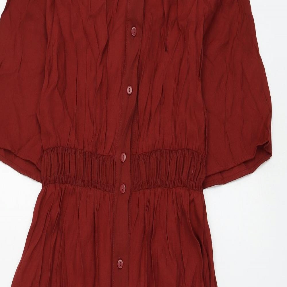 Zara Womens Red Viscose Shirt Dress Size S Round Neck Button