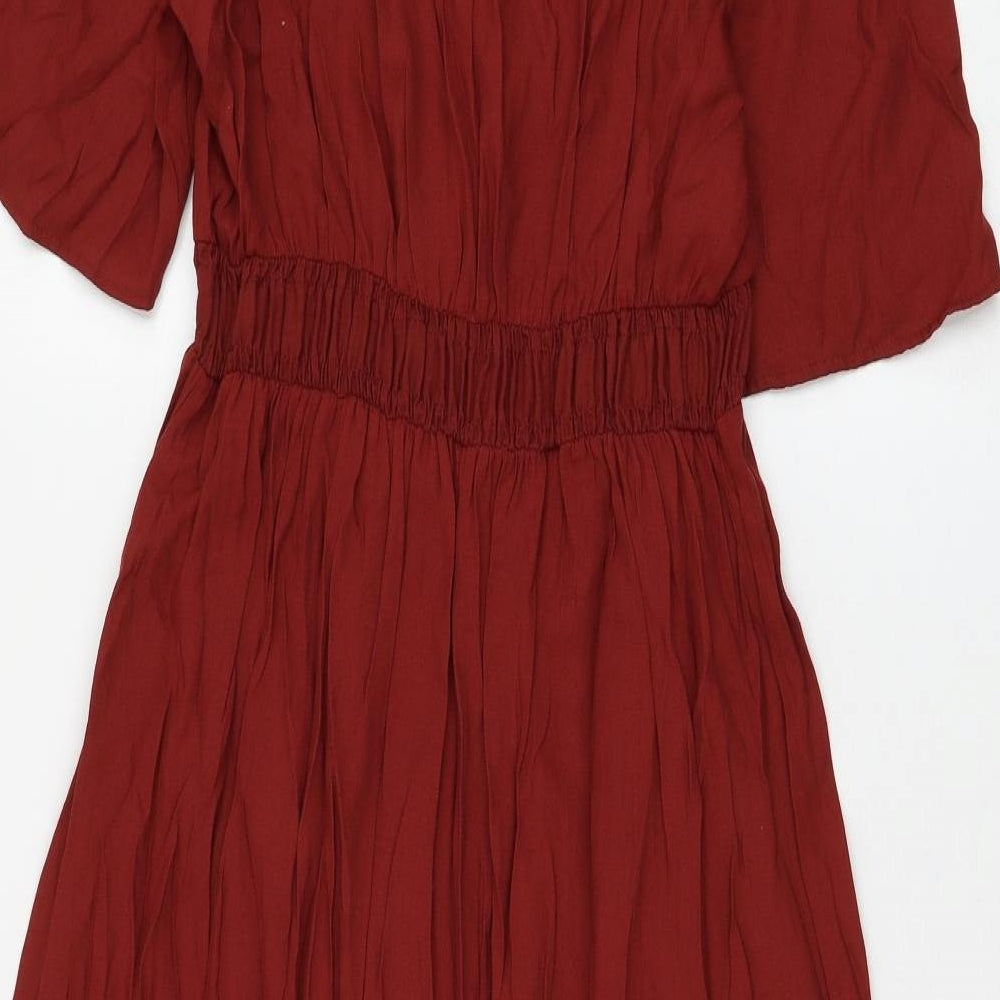 Zara Womens Red Viscose Shirt Dress Size S Round Neck Button