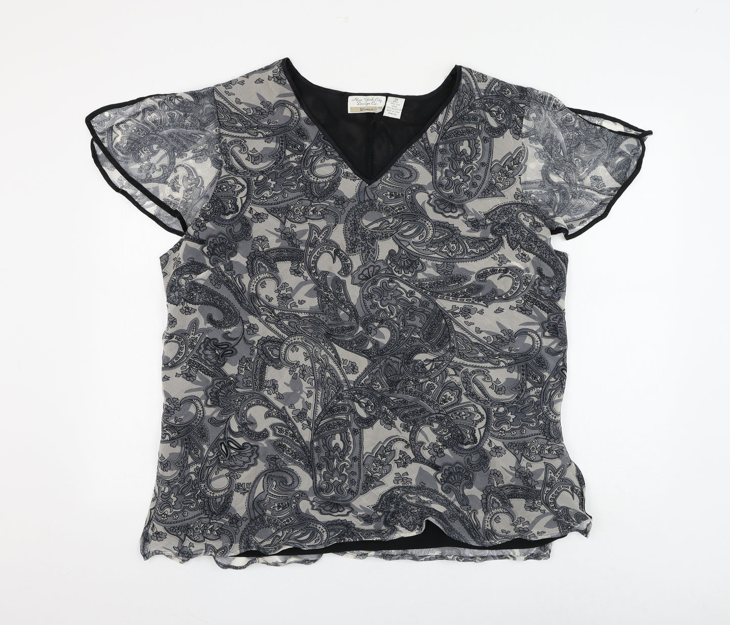 New Youth City Womens Grey Paisley Silk Basic Blouse Size 2XL V-Neck