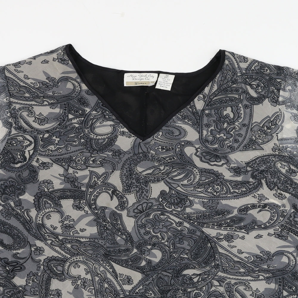New Youth City Womens Grey Paisley Silk Basic Blouse Size 2XL V-Neck