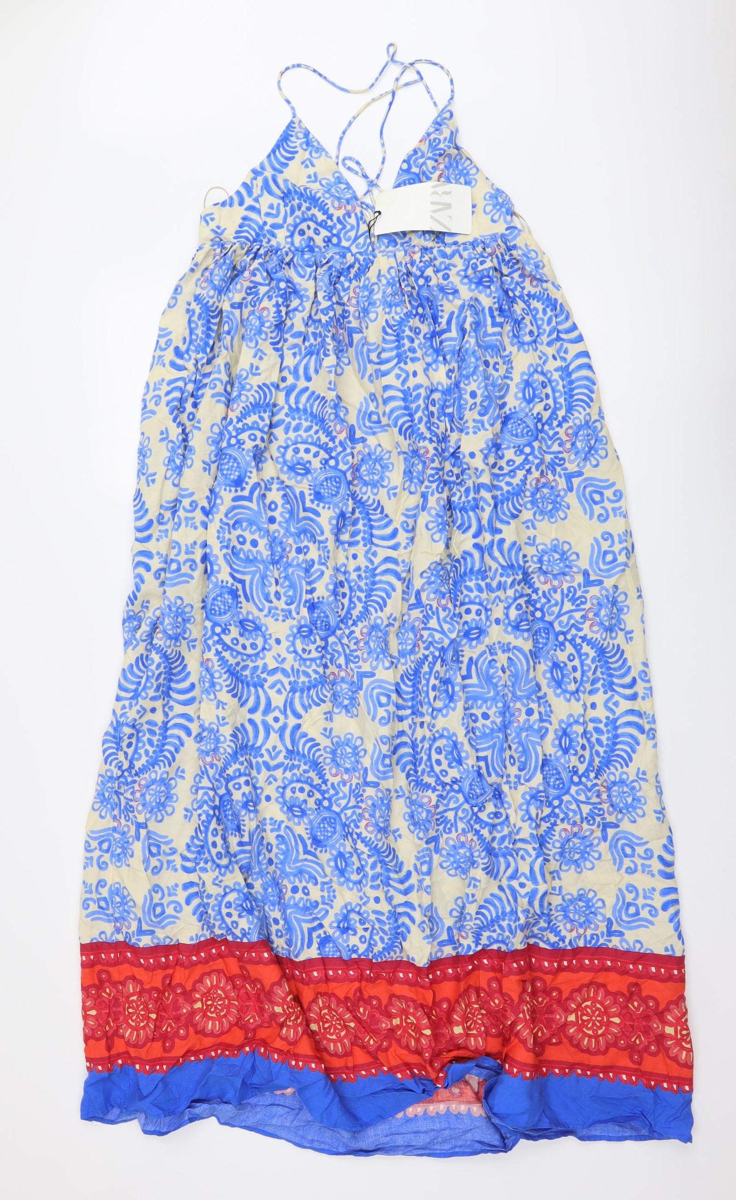 Zara Womens Blue Geometric Viscose Maxi Size M V-Neck Pullover