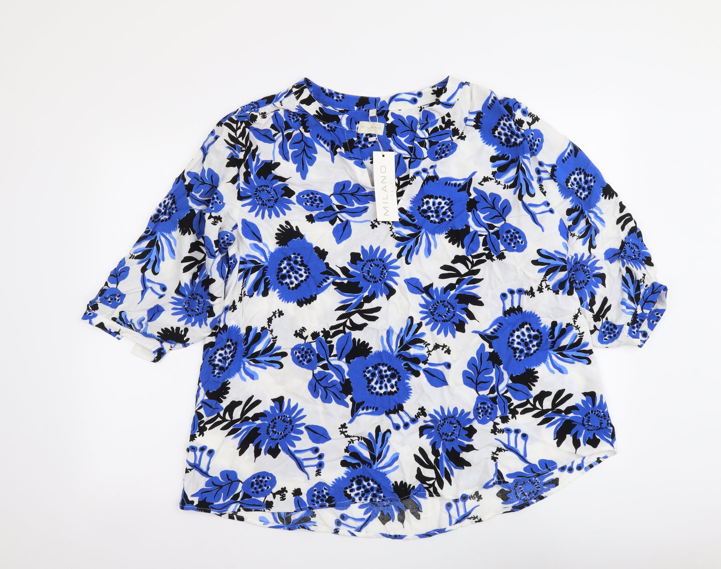 Milano Womens Blue Geometric Viscose Basic Blouse Size L V-Neck