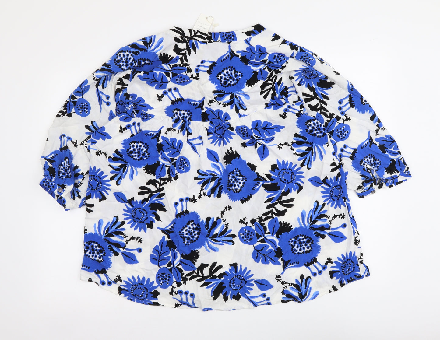 Milano Womens Blue Geometric Viscose Basic Blouse Size L V-Neck