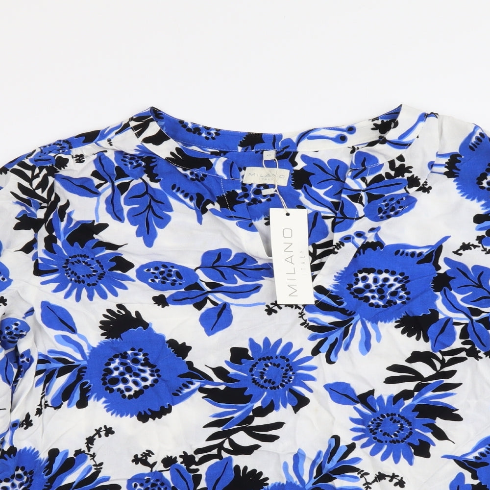 Milano Womens Blue Geometric Viscose Basic Blouse Size L V-Neck