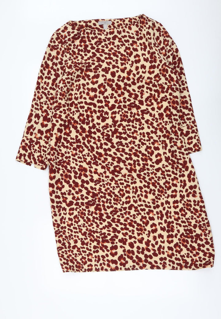 H&M Womens Beige Animal Print Polyester A-Line Size L Boat Neck Pullover - Leopard pattern
