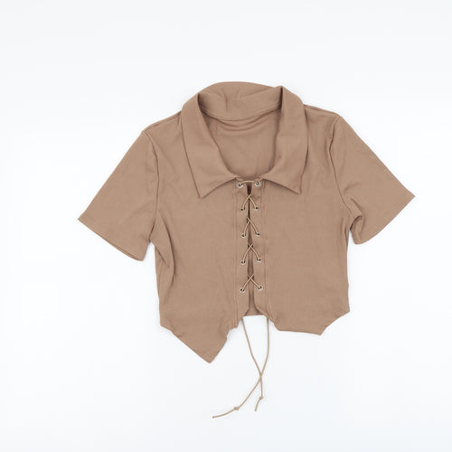 ROMWE Womens Brown Polyester Cropped Blouse Size M Collared