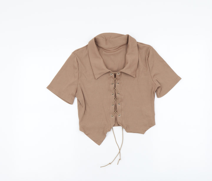 ROMWE Womens Brown Polyester Cropped Blouse Size M Collared