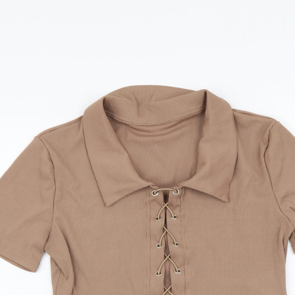 ROMWE Womens Brown Polyester Cropped Blouse Size M Collared