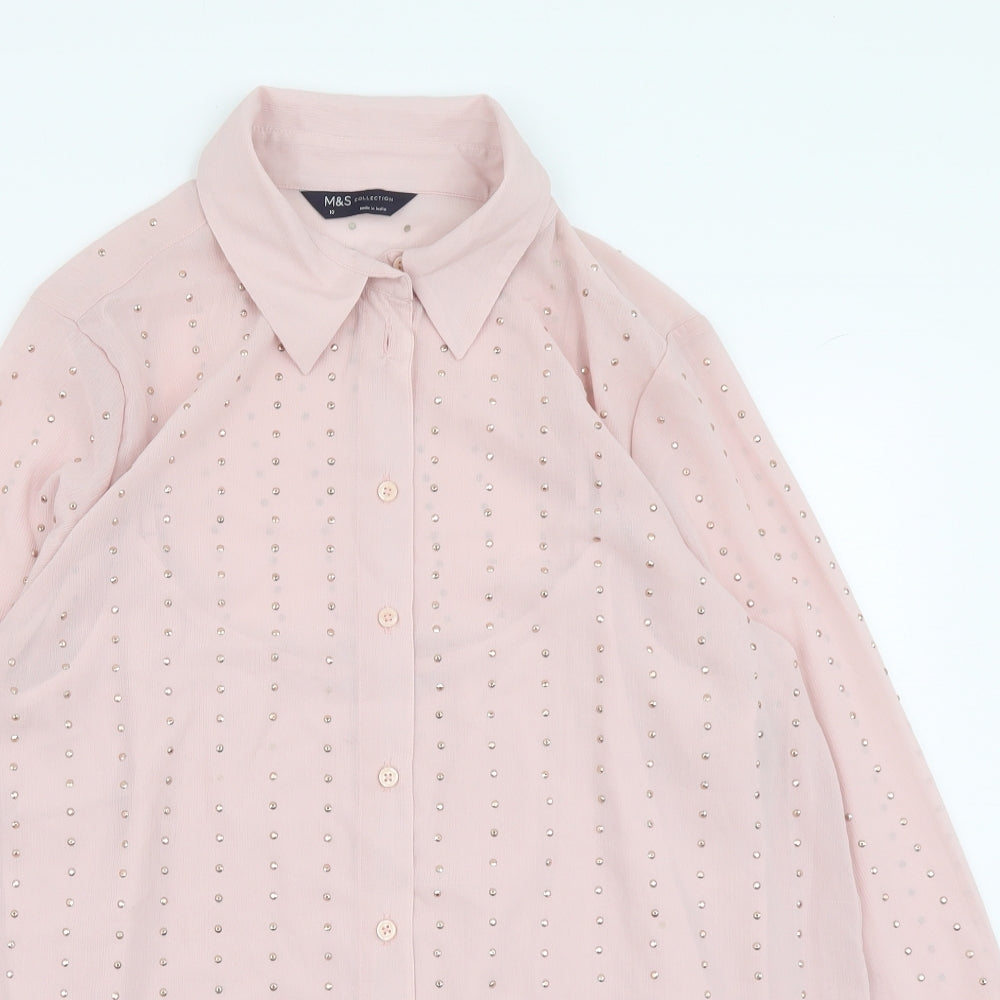 Marks and Spencer Womens Pink Polyester Basic Button-Up Size 10 Collared