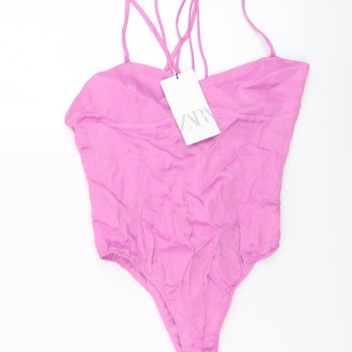 Zara Womens Pink Viscose Bodysuit One-Piece Size S Snap