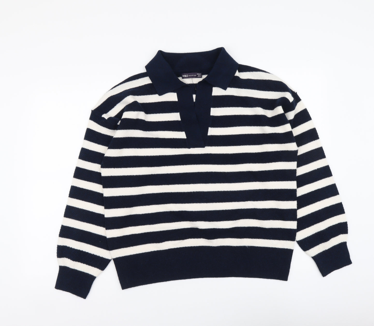 Marks and Spencer Womens Blue Collared Striped Polyester Pullover Jumper Size M