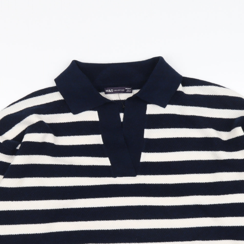 Marks and Spencer Womens Blue Collared Striped Polyester Pullover Jumper Size M